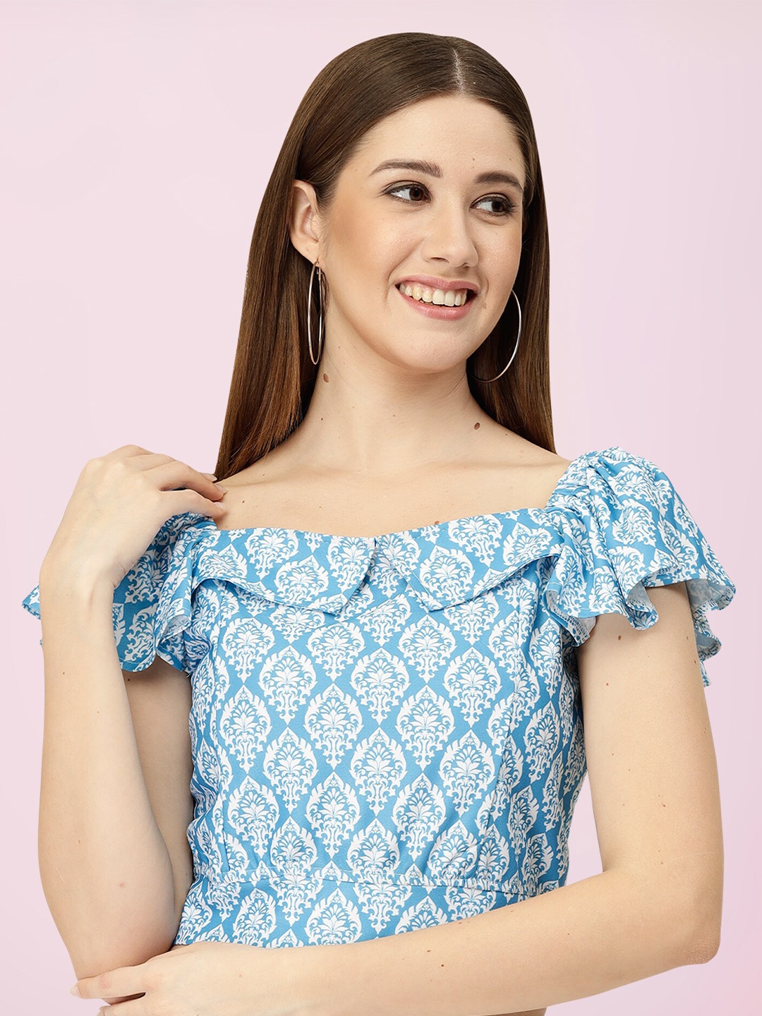 

BAESD Ethnic Motifs Printed Square Neck Flutter Sleeves Crop Top, Blue