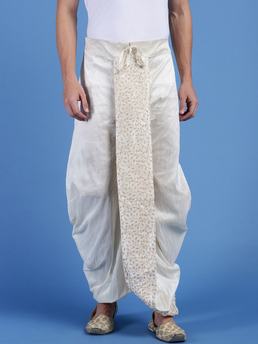 

Sanwara Embroidered Art Silk Dhoti, Cream