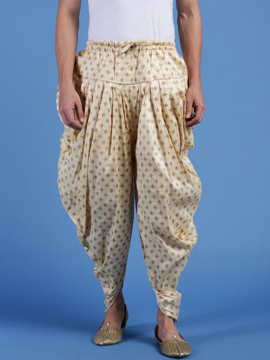 

Sanwara Ethnic Motifs Printed Art Silk Dhoti Pants, Beige