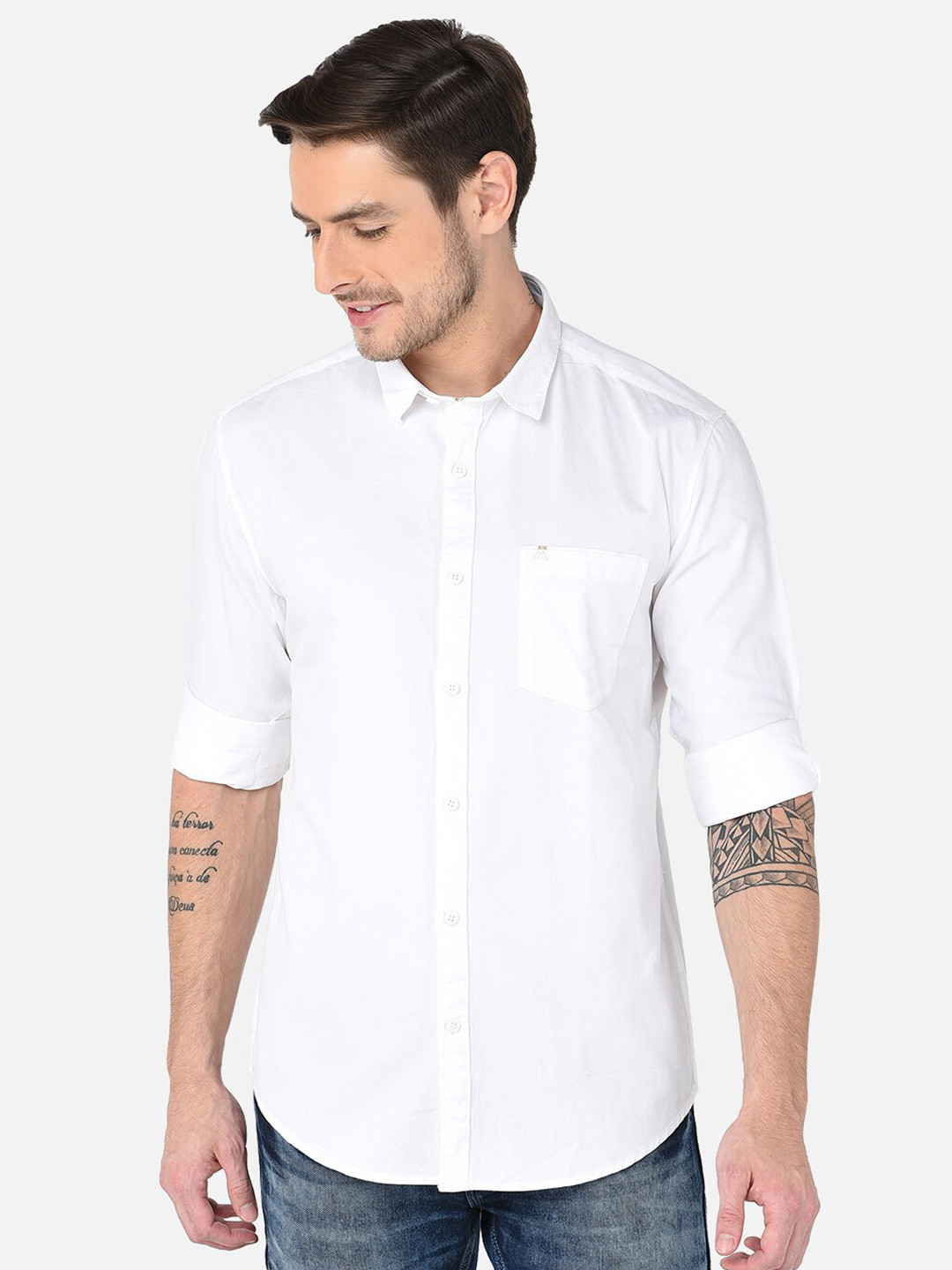 

MOZZO Classic Slim Fit Spread Collar Slim Fit Cotton Casual Shirt, White