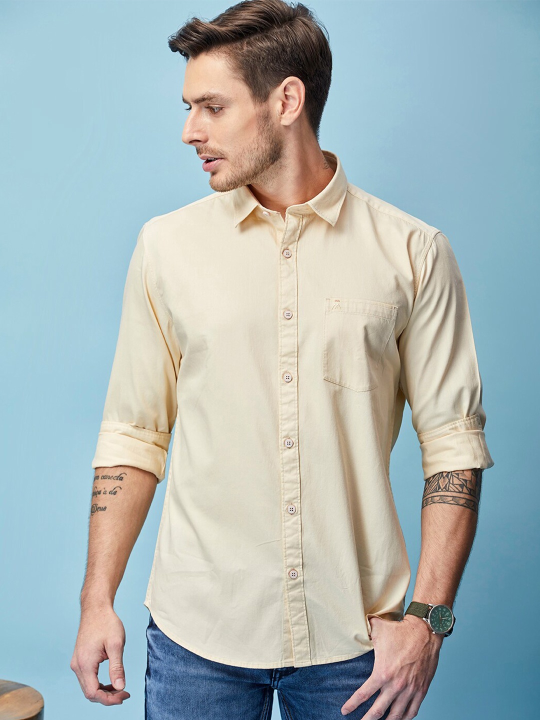 

MOZZO Classic Slim Fit Spread Collar Regular Fit Cotton Casual Shirt, Beige