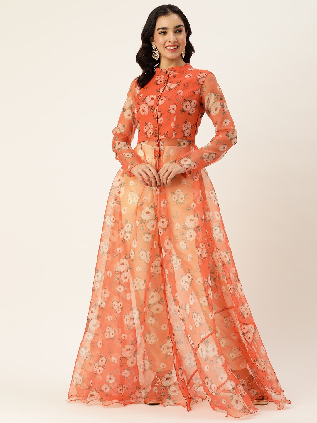 

Ethnovog Floral Printed High Slit Kurta with Trousers, Orange