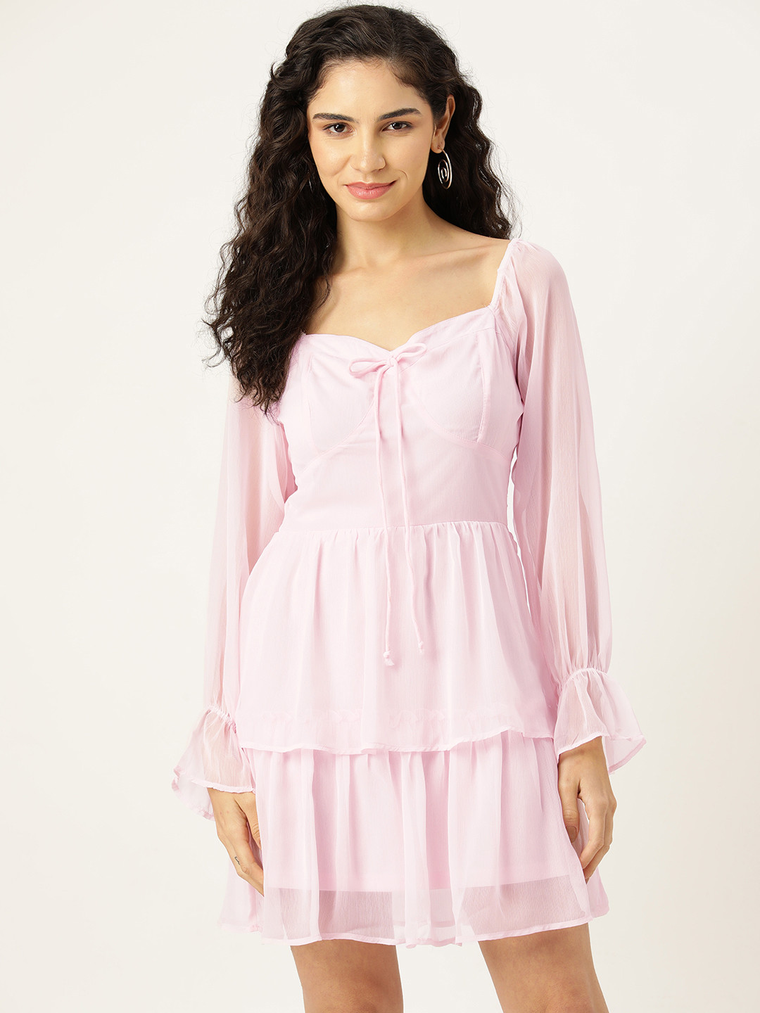 

Rue Collection Puff Sleeves Sweetheart Neck Layered Chiffon A-Line Dress, Pink