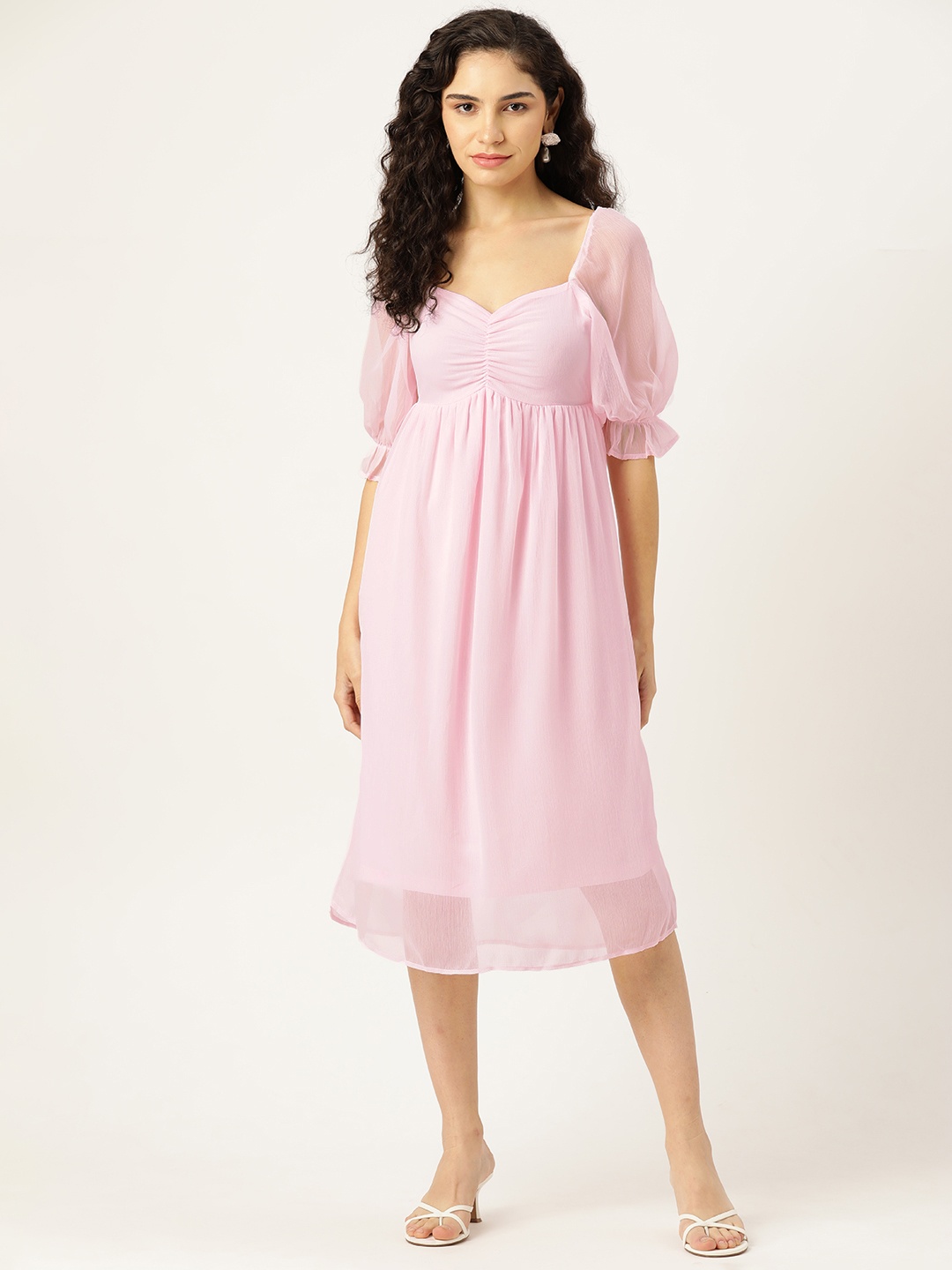 

Rue Collection Puff Sleeves Sweetheart Neck Chiffon Fit & Flare Midi Dress, Pink