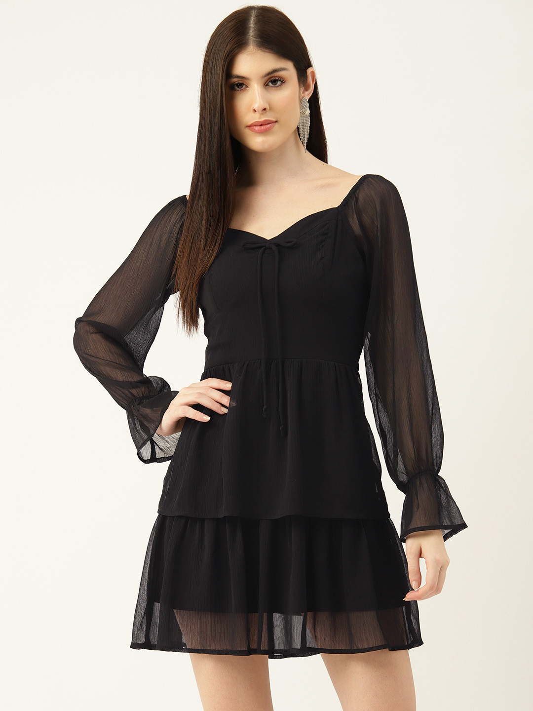 

Rue Collection Puff Sleeves Sweetheart Neck Tiered Chiffon A-Line Mini Dress, Black