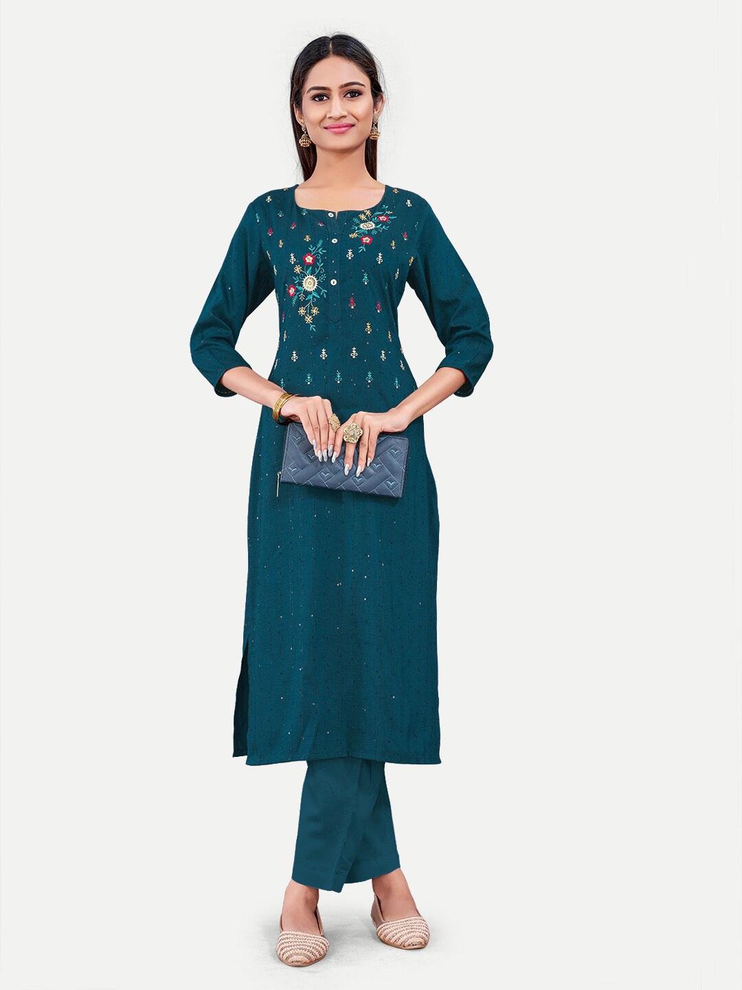 

Riti Ethnic Motifs Embroidered Cotton Kurta, Teal