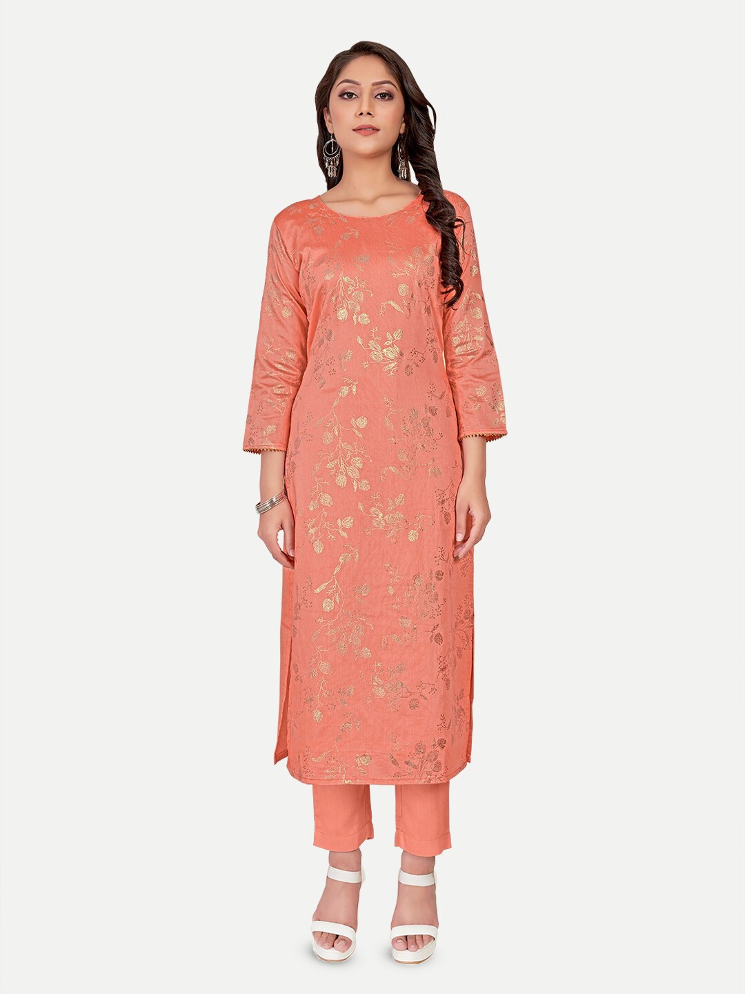 

Riti Woven Design Round Neck Regular Kurta, Orange