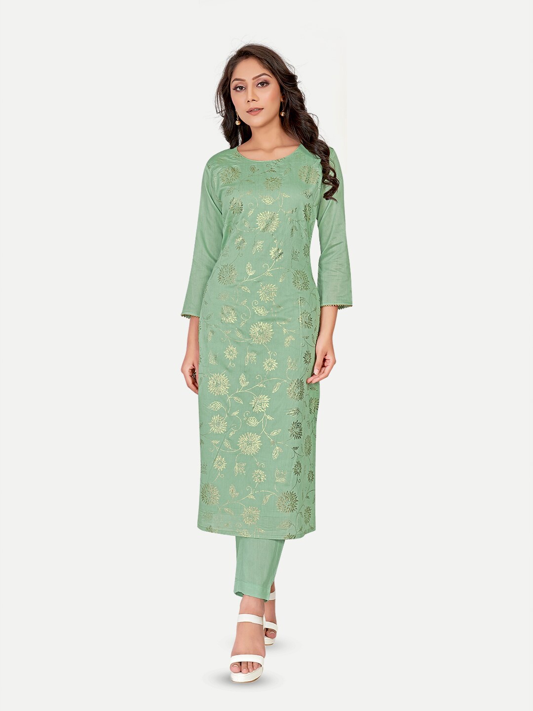 

Riti Floral Printed Chanderi Cotton Kurta, Sea green