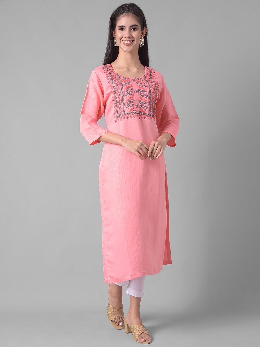 

Dollar Missy Ethnic Motifs Yoke Design Sequined Round Neck Straight Kurta, Pink