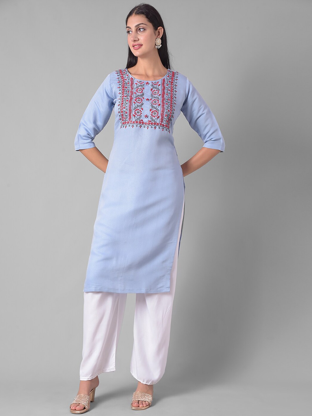 

Dollar Missy Ethnic Motifs Yoke Design Sequined Round Neck Straight Kurta, Blue