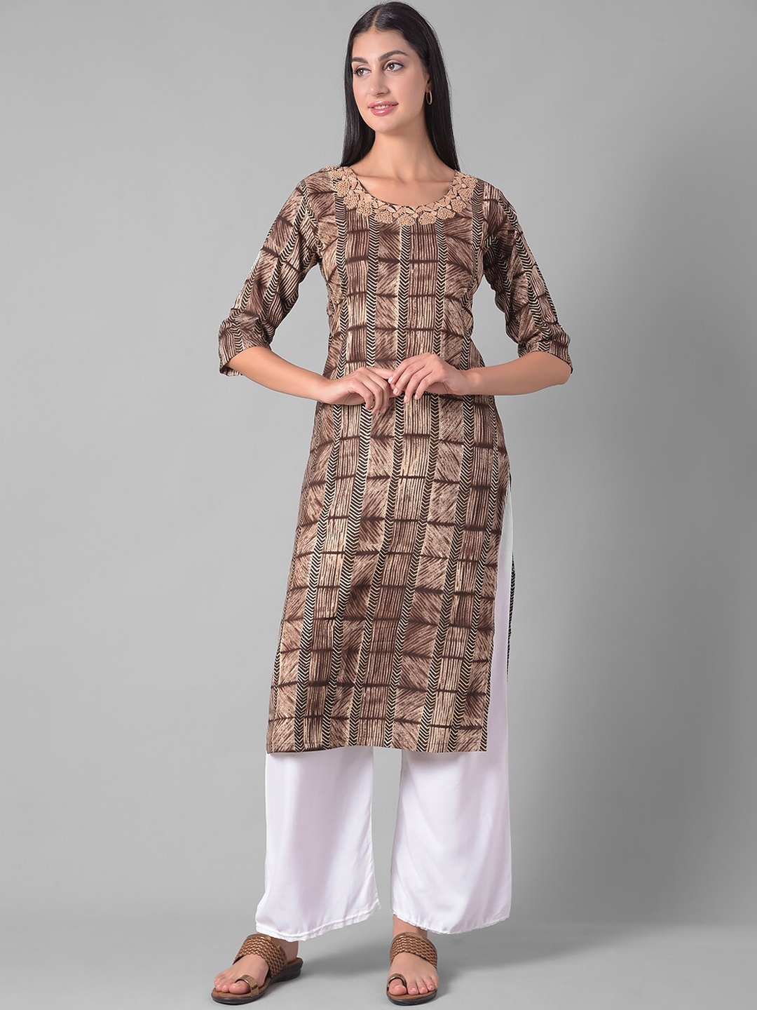 

Dollar Missy Geometric Printed Thread Work Straight Kurta, Brown