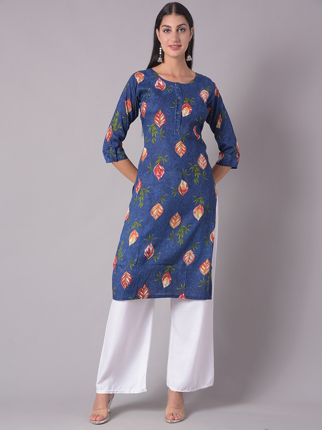 

Dollar Missy Floral Printed Roll-Up Sleeves Round Neck Straight Kurta, Blue