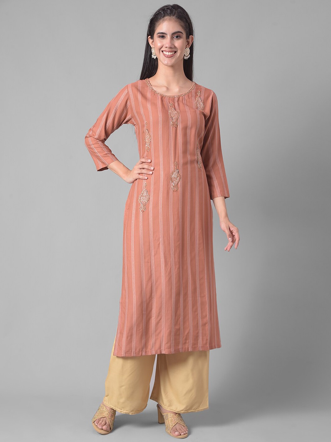 

Dollar Missy Striped Beads and Stone Detail Round Neck Straight Kurta, Brown