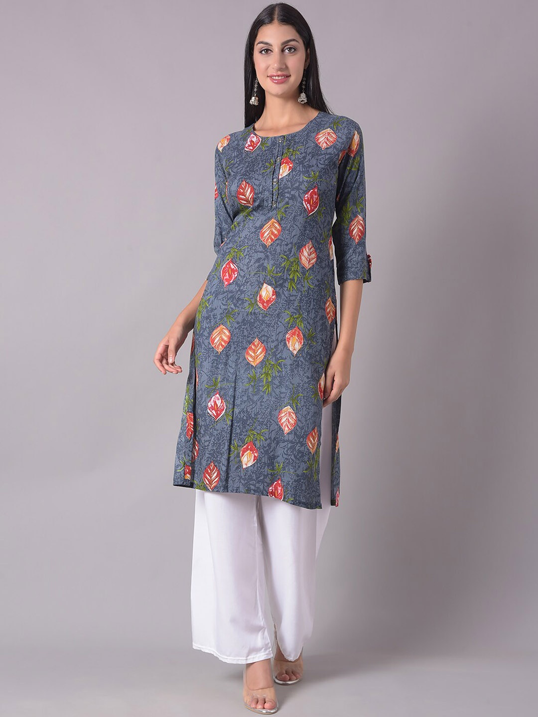

Dollar Missy Floral Printed Roll-Up Sleeves Round Neck Straight Kurta, Grey