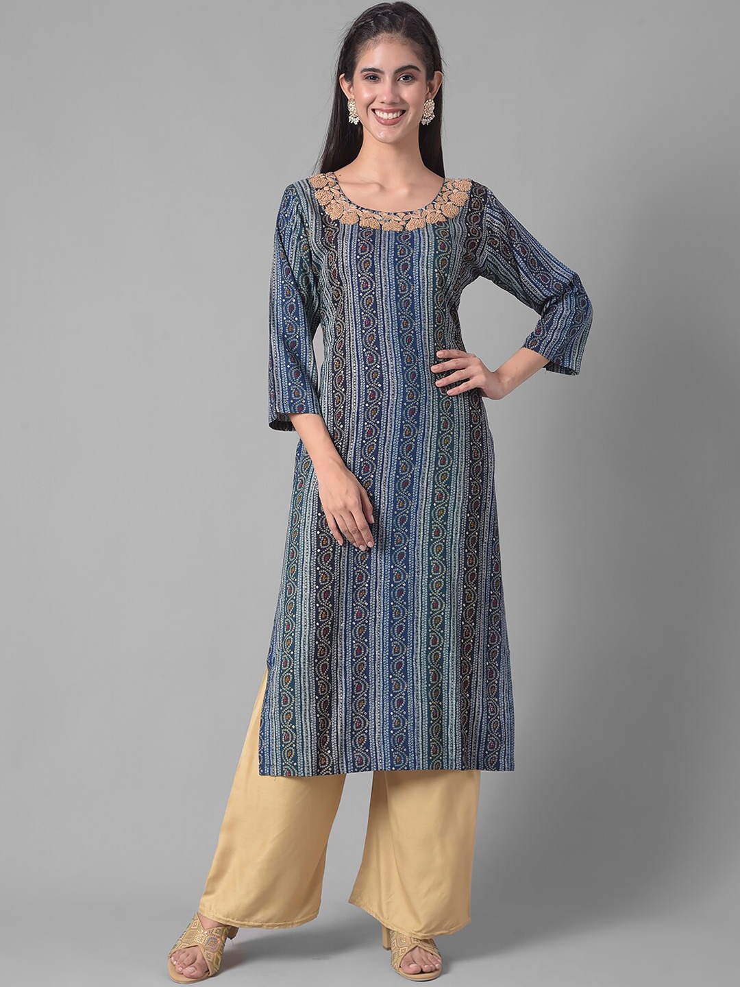 

Dollar Missy Ethnic Motifs Printed Thread Work Detail Round Neck Straight Kurta, Blue