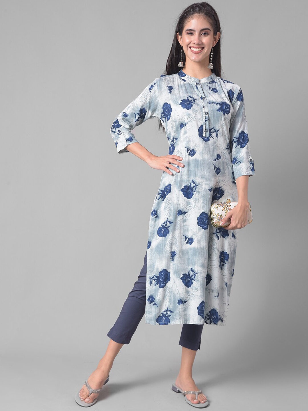 

Dollar Missy Floral Printed Mandarin Collar Roll-Up Sleeves Straight Kurta, Blue