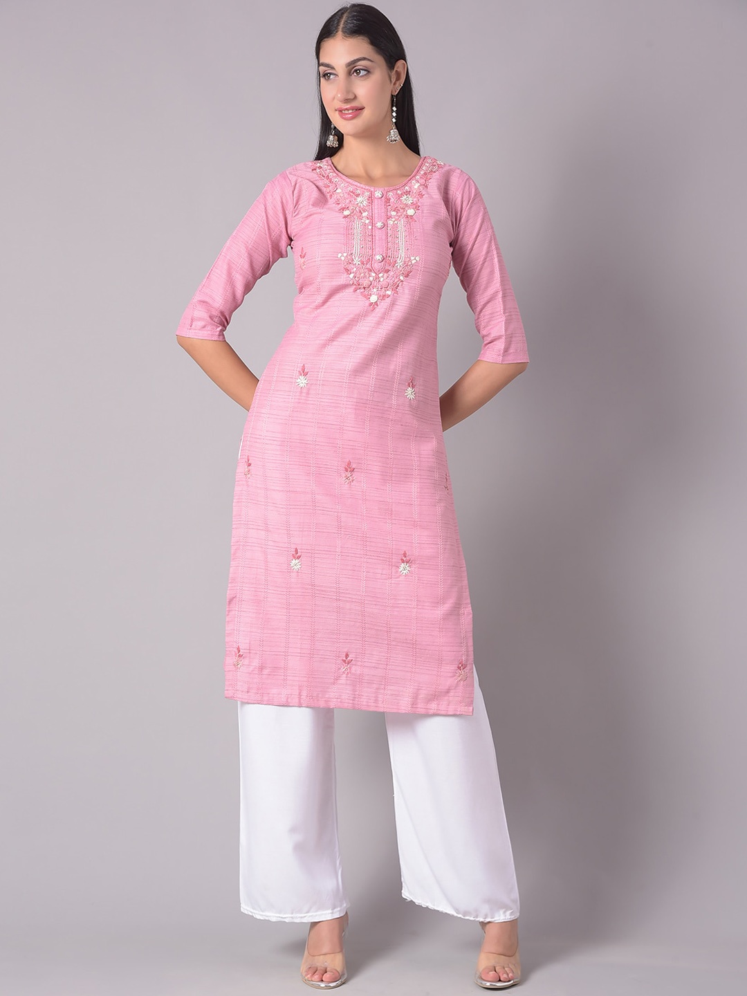 

Dollar Missy Floral Embroidered Sequined Round Neck Straight Kurta, Pink