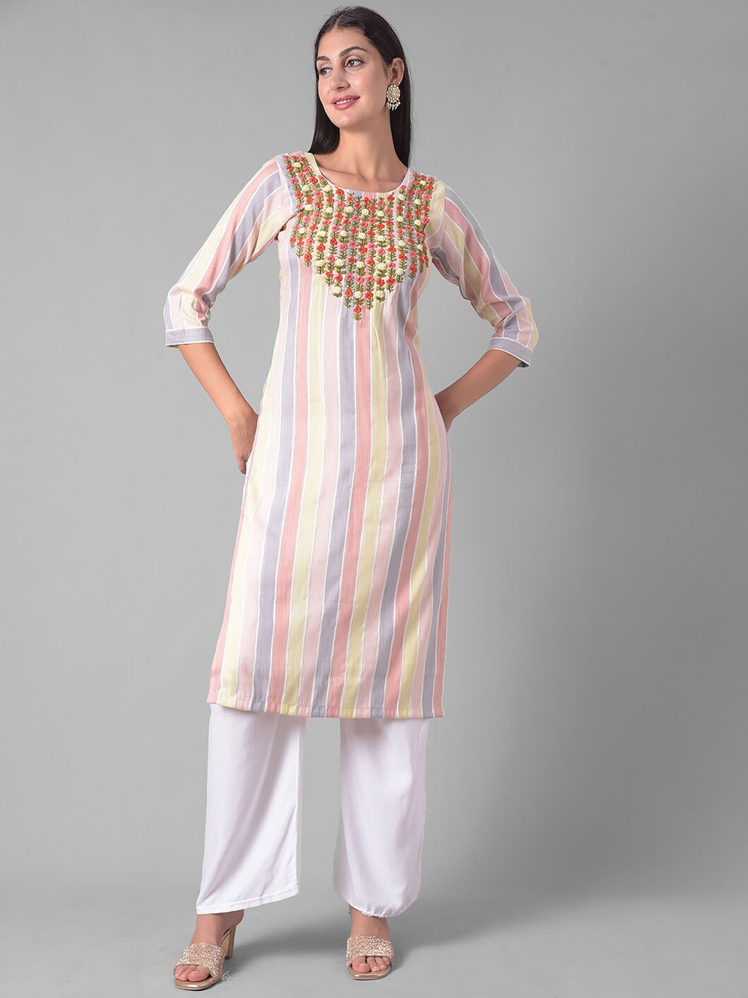 

Dollar Missy Striped Thread Work Round Neck Straight Kurta, White