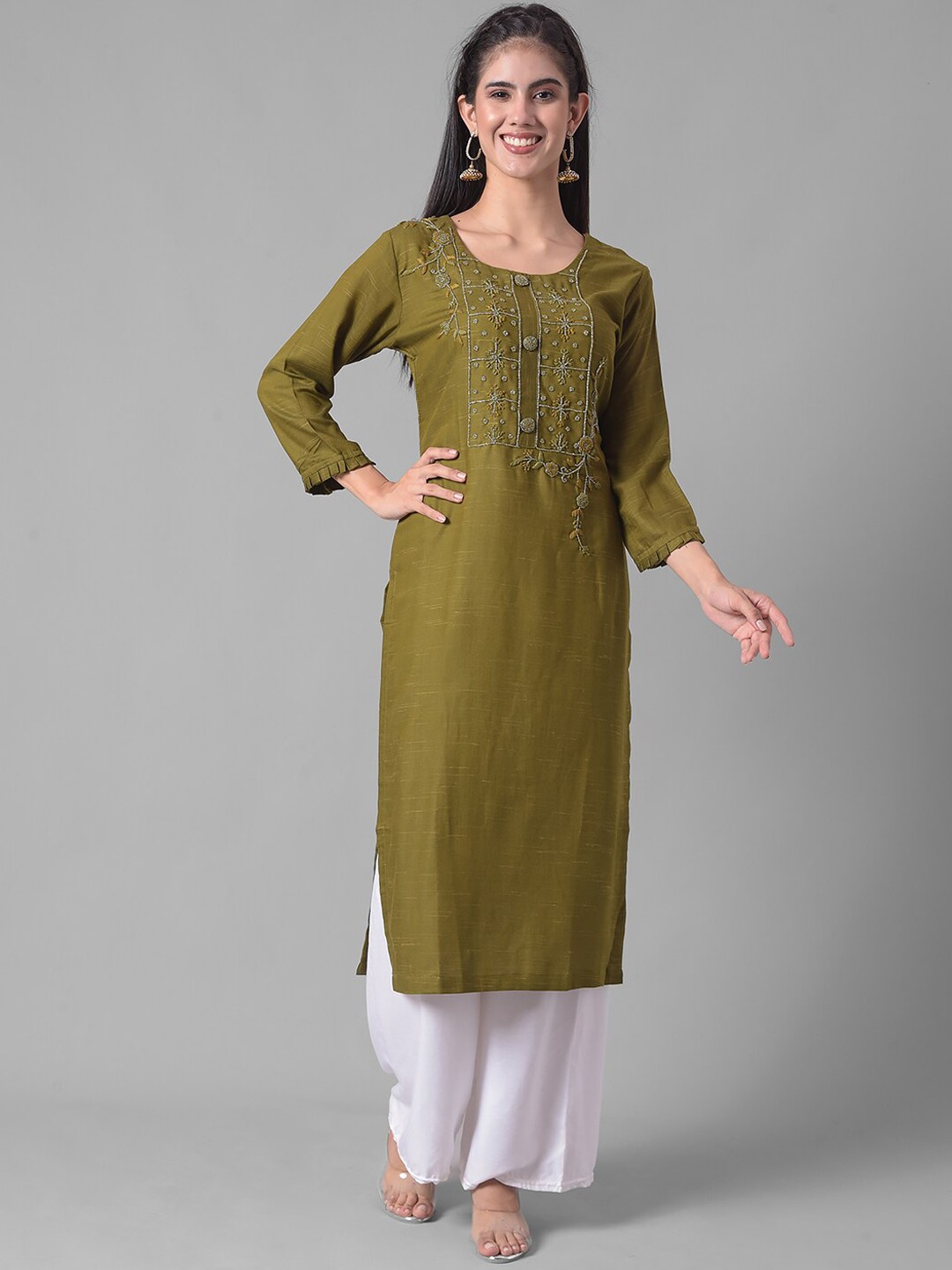 

Dollar Missy Floral Embroidered Beads Detail Round Neck Straight Kurta, Green