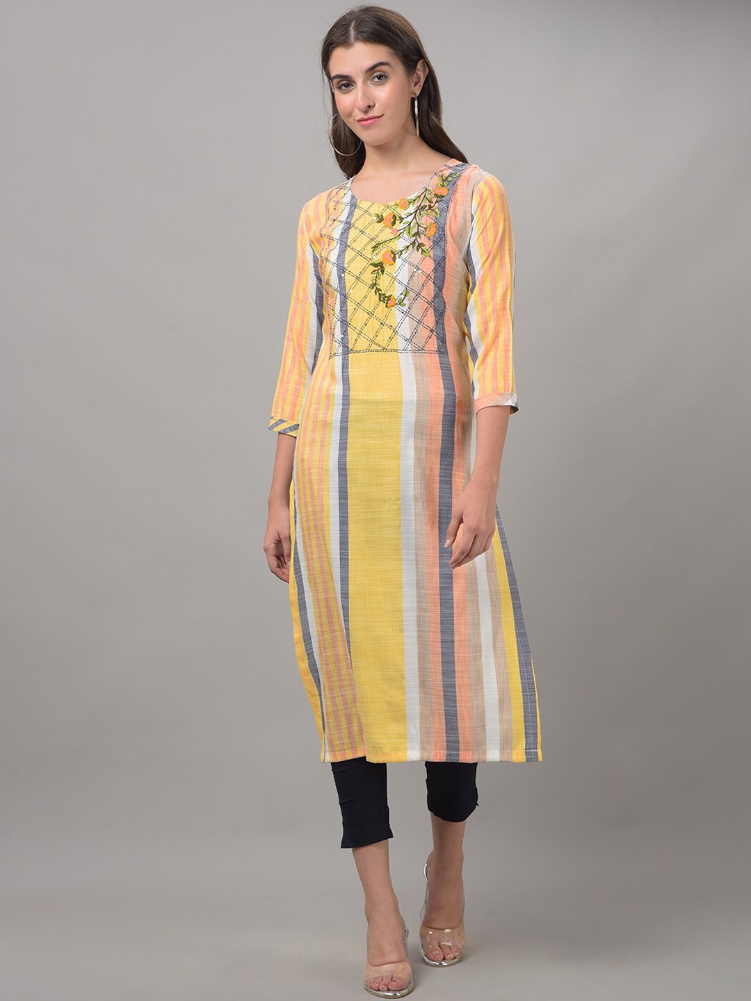 

Dollar Missy Floral Embroidered Round Neck Cotton Regular Kurta, Yellow