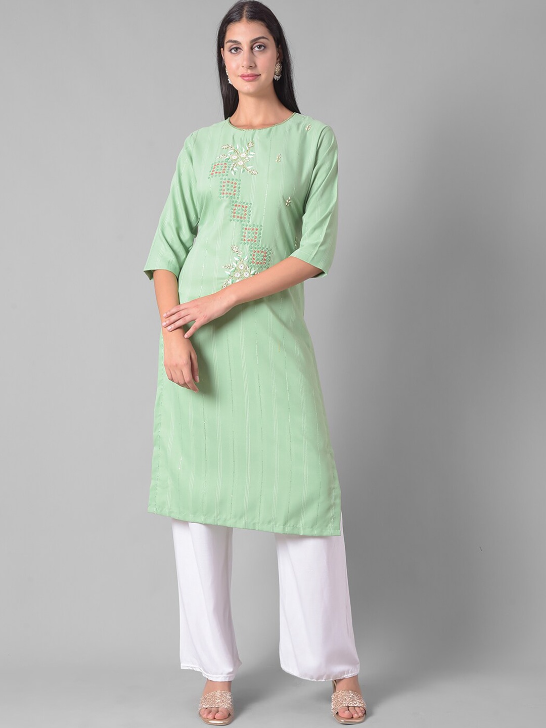 

Dollar Missy Floral Embroidered Round Neck Cotton Regular Kurta, Green