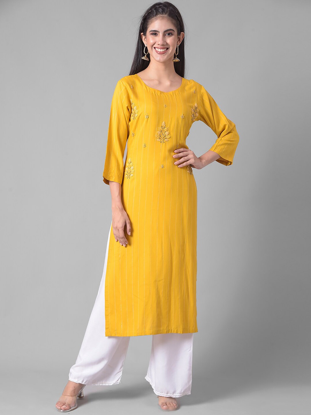 

Dollar Missy Ethnic Motifs Embroidered Thread Work Detail Straight Kurta, Yellow