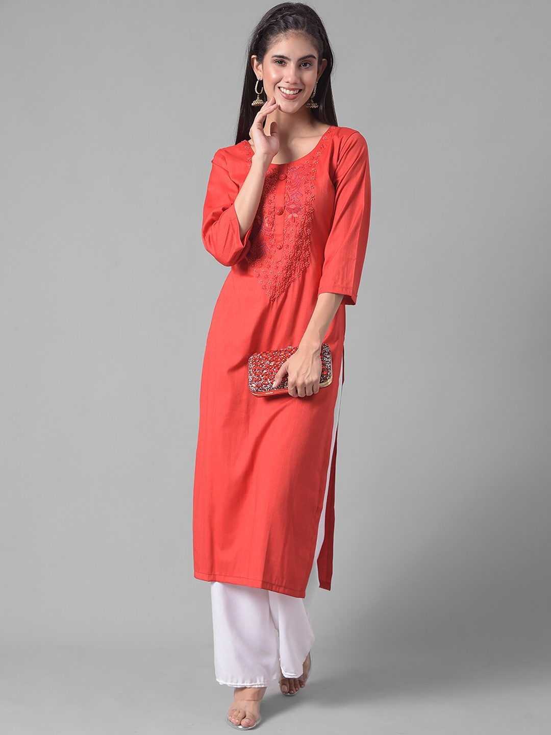 

Dollar Missy Floral Embroidered Thread Work Detail Straight Kurta, Red