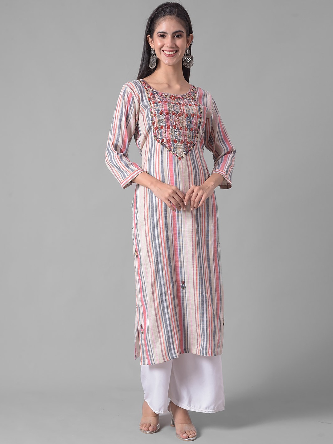 

Dollar Missy Striped Woven Design Thread Work Detail Straight Kurta, Off white