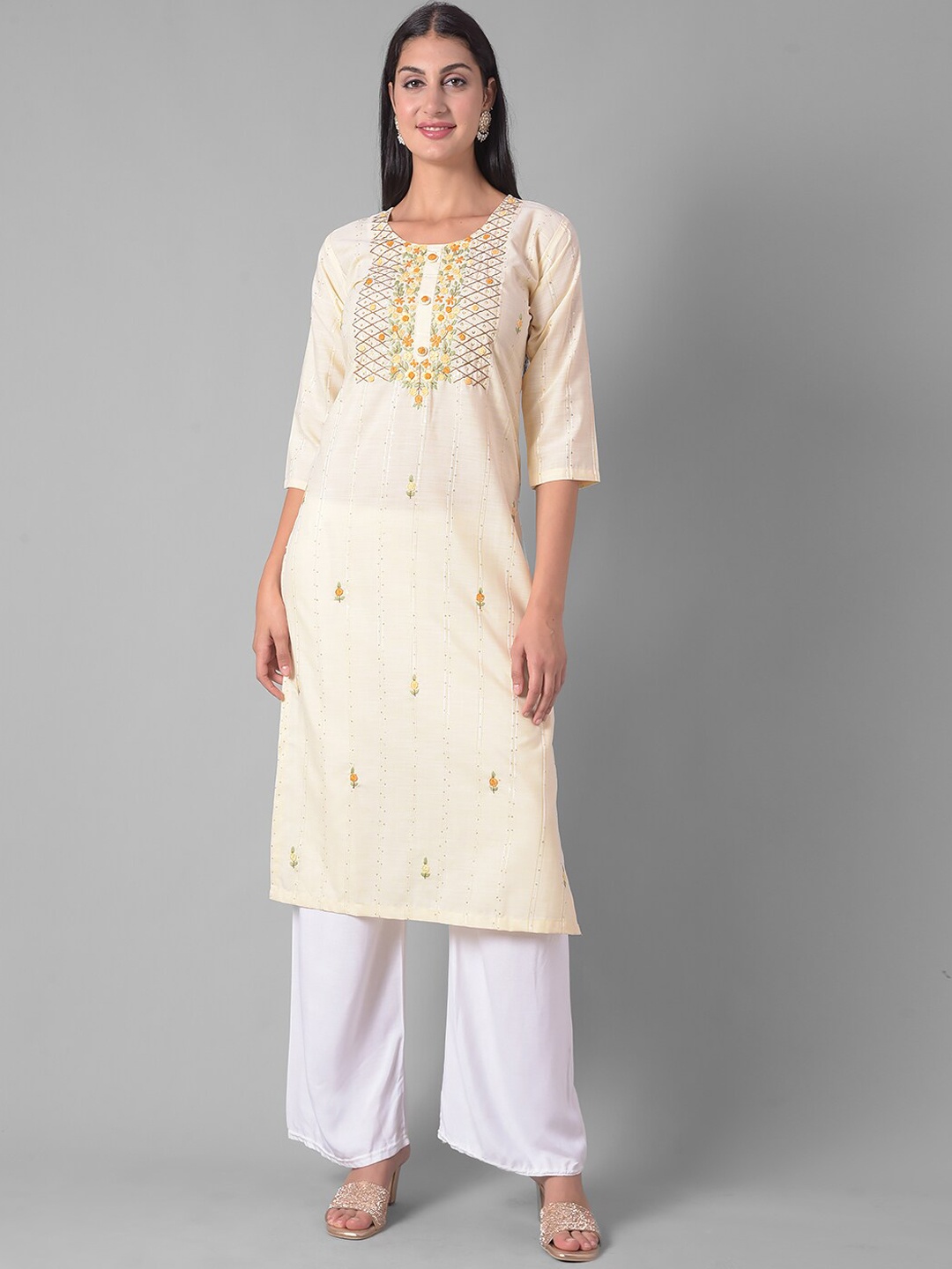 

Dollar Missy Floral Embroidered Thread Work Detail Straight Kurta, Yellow