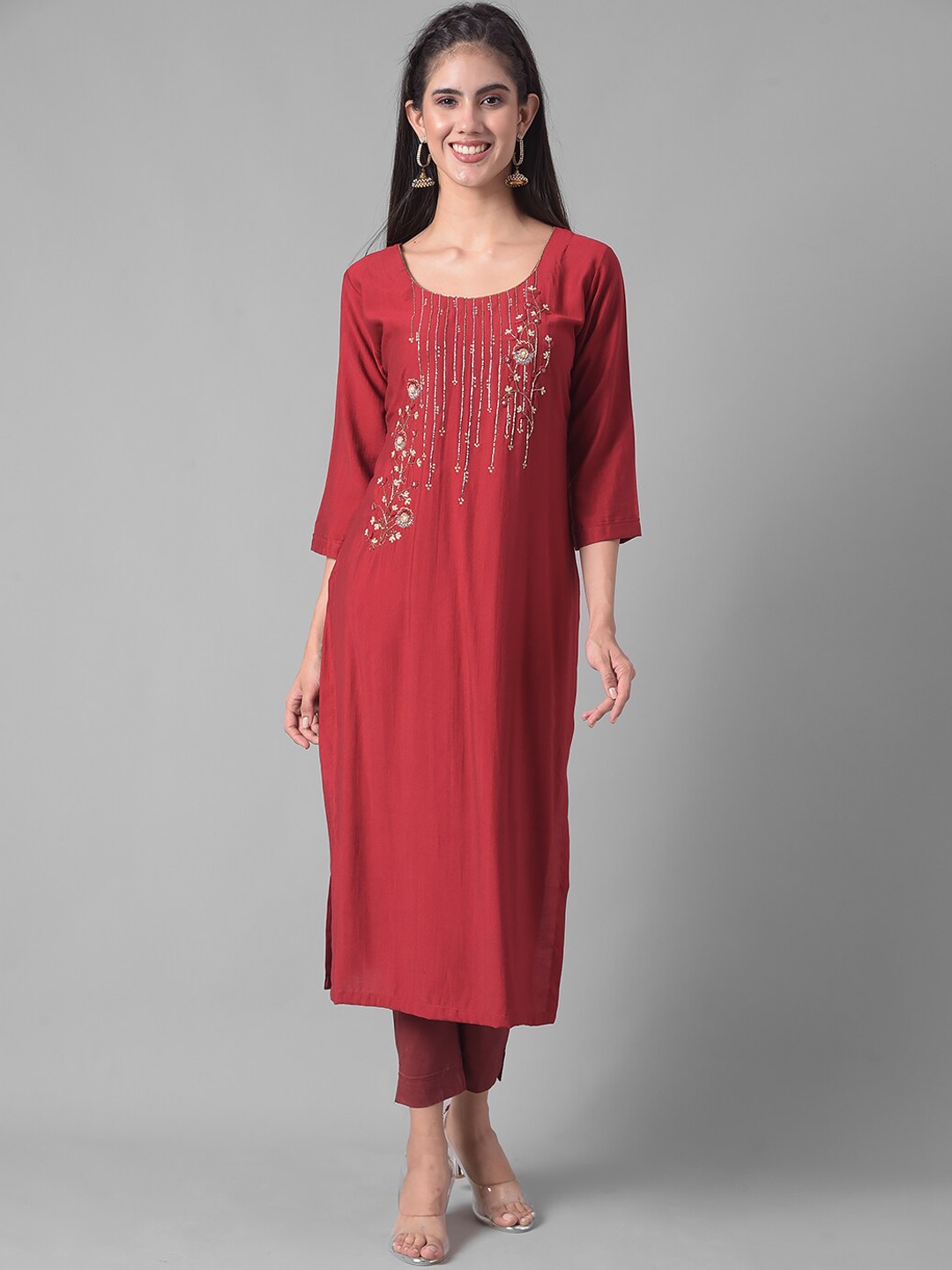 

Dollar Missy Floral Embellished Beads & Stones Detail Straight Kurta, Maroon