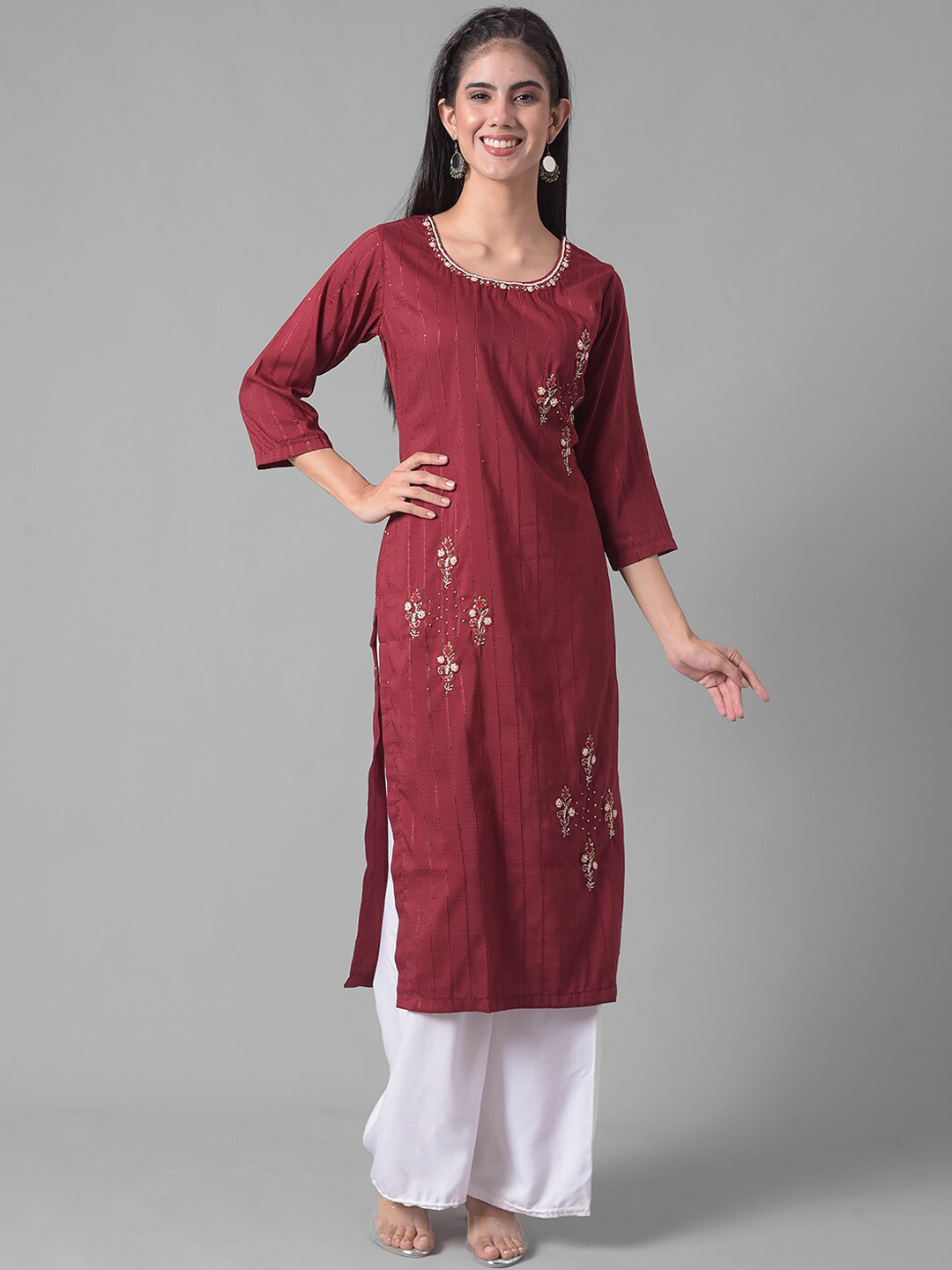 

Dollar Missy Floral Embroidered Round Neck Cotton Regular Kurta, Maroon