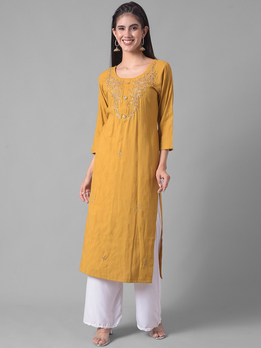 

Dollar Missy Floral Embroidered Round Neck Cotton Regular Kurta, Yellow