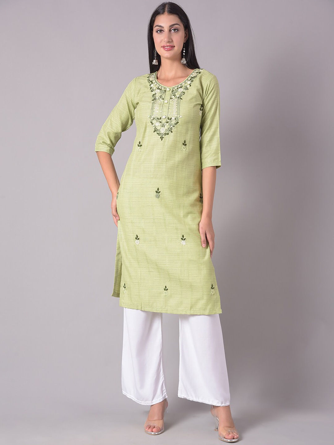 

Dollar Missy Ethnic Motifs Woven Design Thread Work Detail Straight Kurta, Green