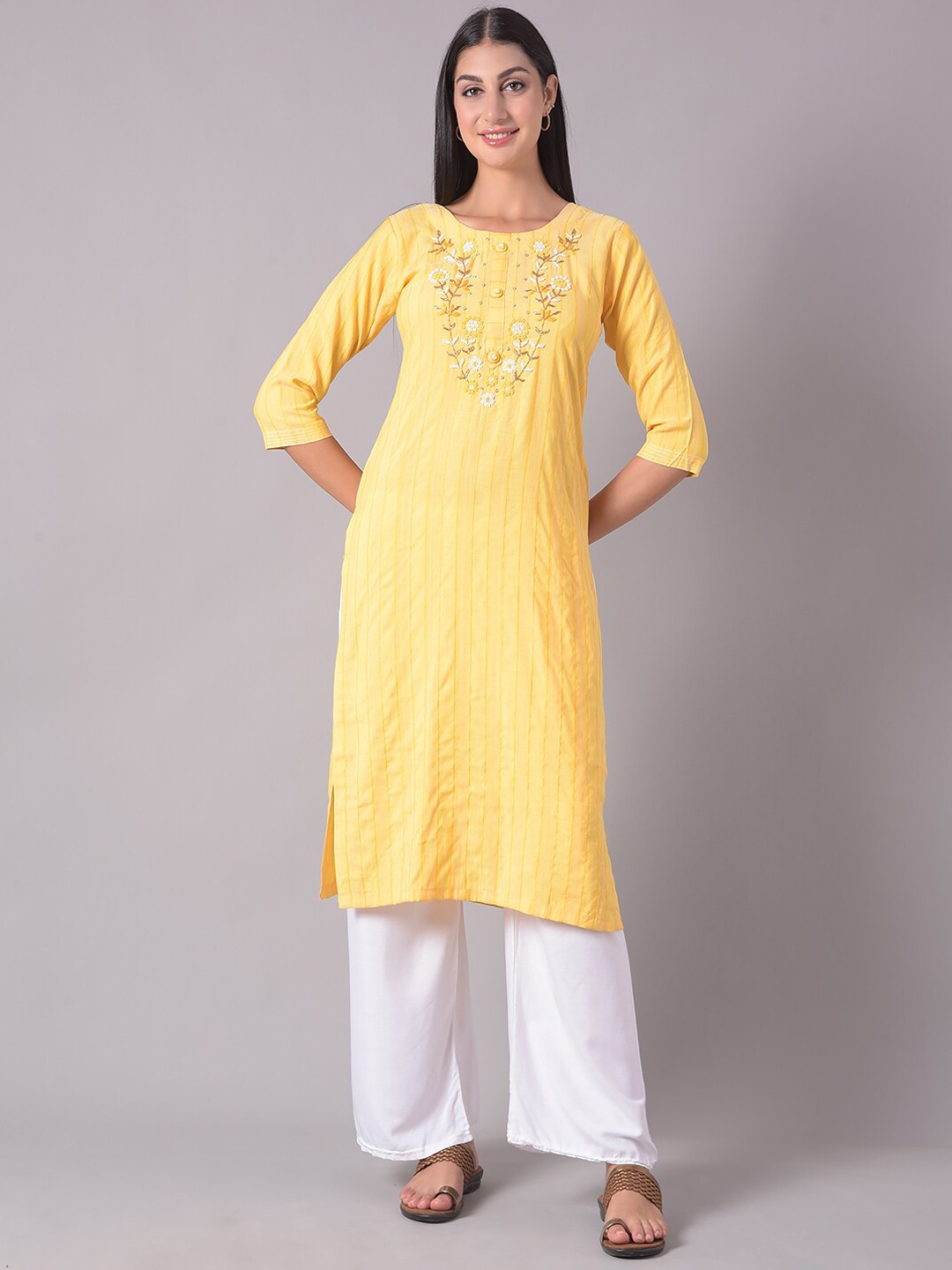 

Dollar Missy Striped Woven Design Beads & Stones Detail Straight Kurta, Yellow