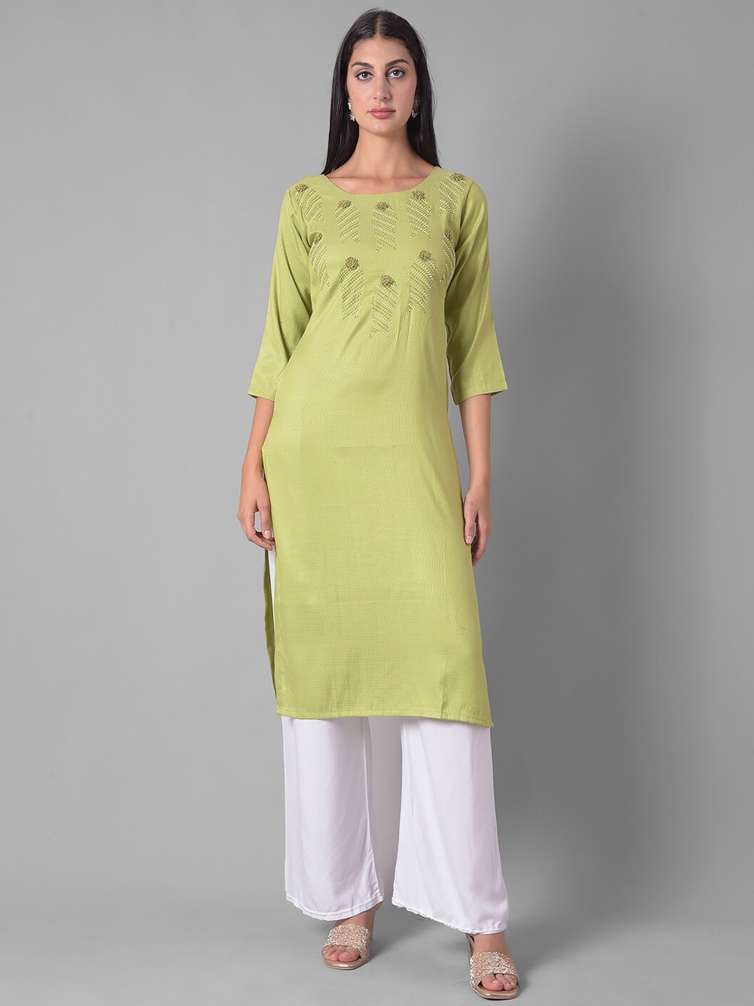 

Dollar Missy Embroidered Three-Quarter Sleeves Beads and Stones Cotton Kurta, Green