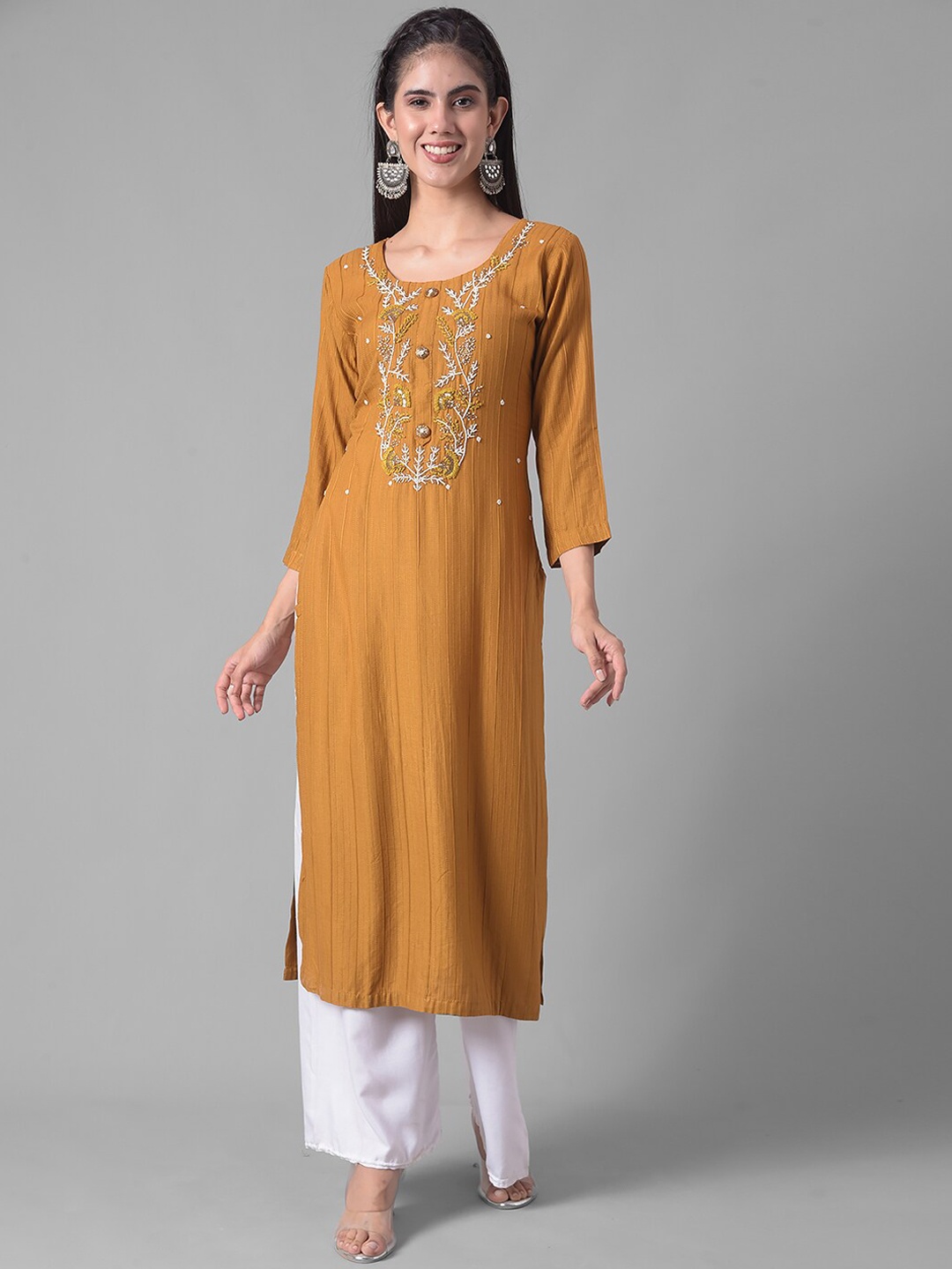 

Dollar Missy Striped Woven Design Beads & Stones Detail Straight Kurta, Mustard