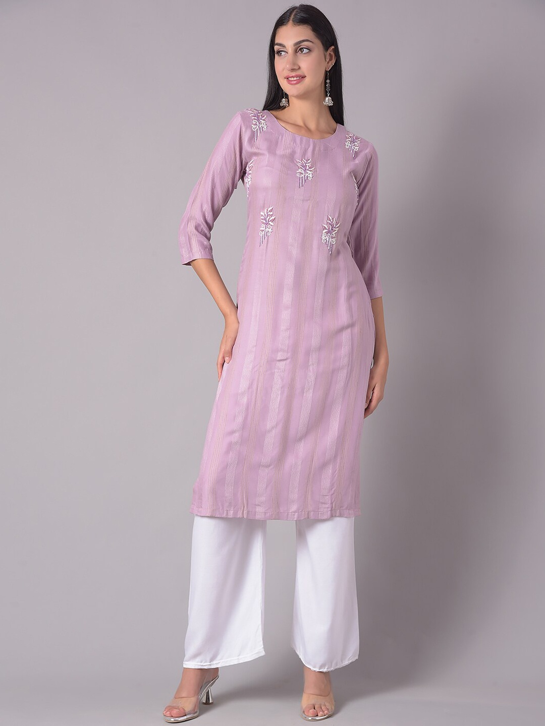 

Dollar Missy Striped Woven Design Beads & Stones Detail Straight Kurta, Purple