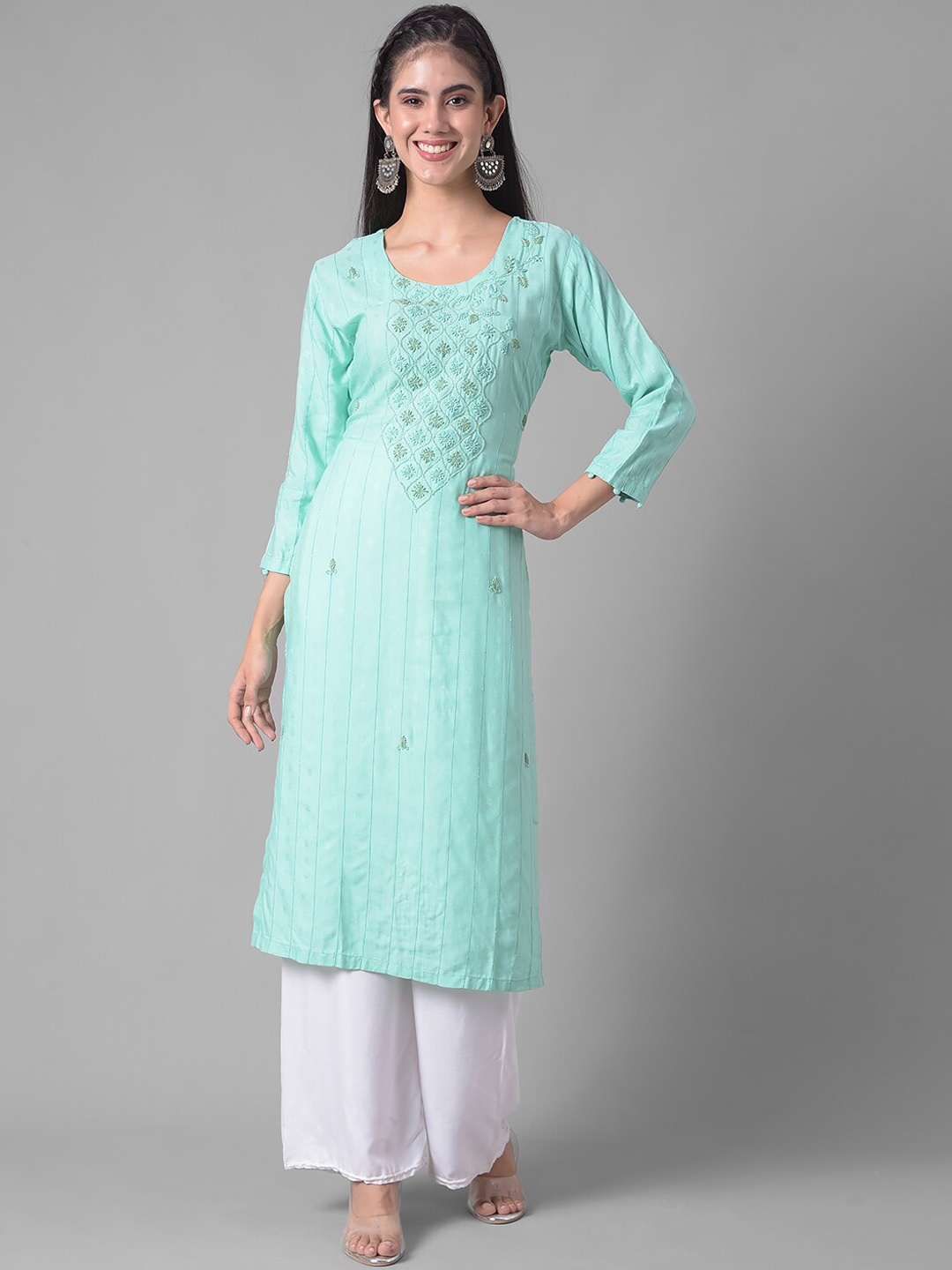 

Dollar Missy Ethnic Motifs Woven Design Beads & Stones Detail Straight Kurta, Green