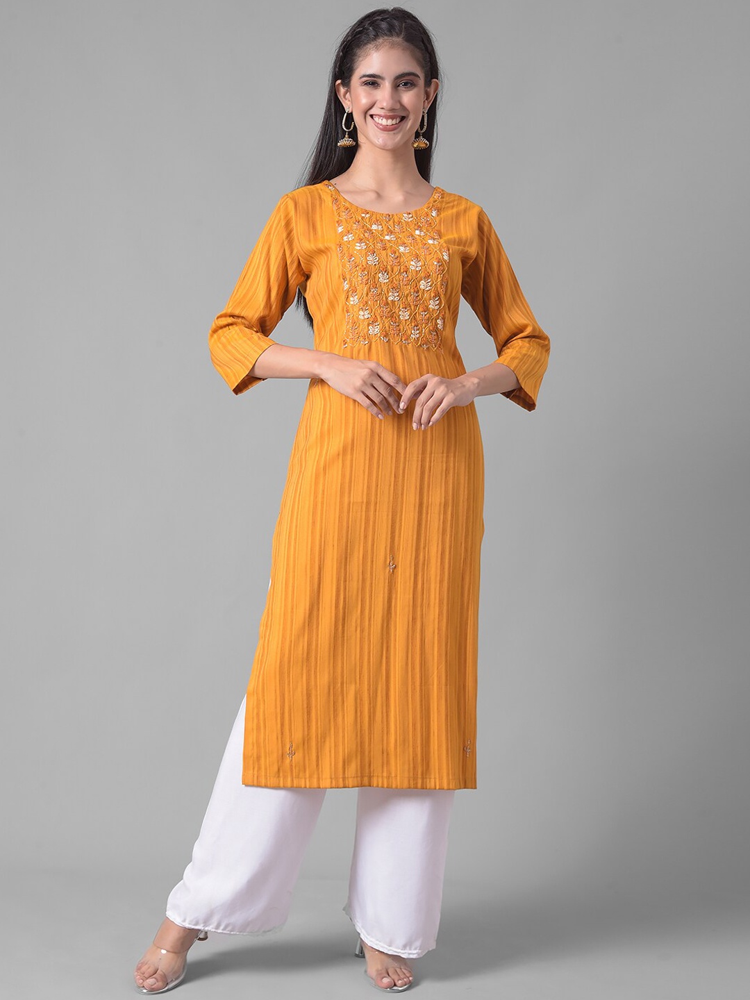 

Dollar Missy Striped Woven Design Beads & Stones Detail Straight Kurta, Yellow