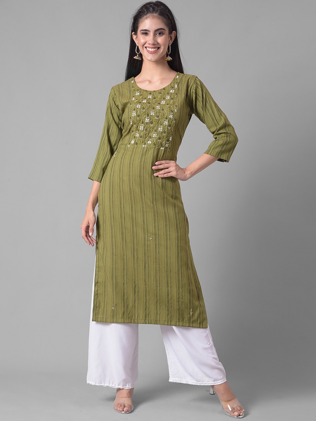 

Dollar Missy Striped Woven Design Beads & Stones Detail Straight Kurta, Green