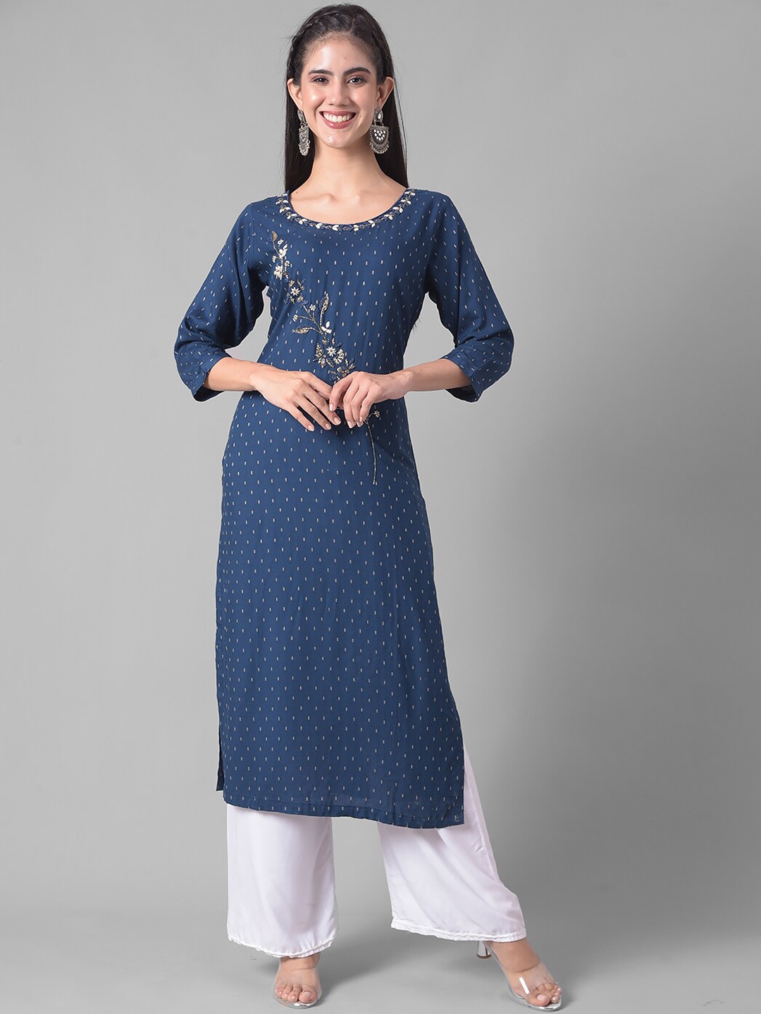 

Dollar Missy Ethnic Motifs Woven Design Beads & Stones Detail Straight Kurta, Blue