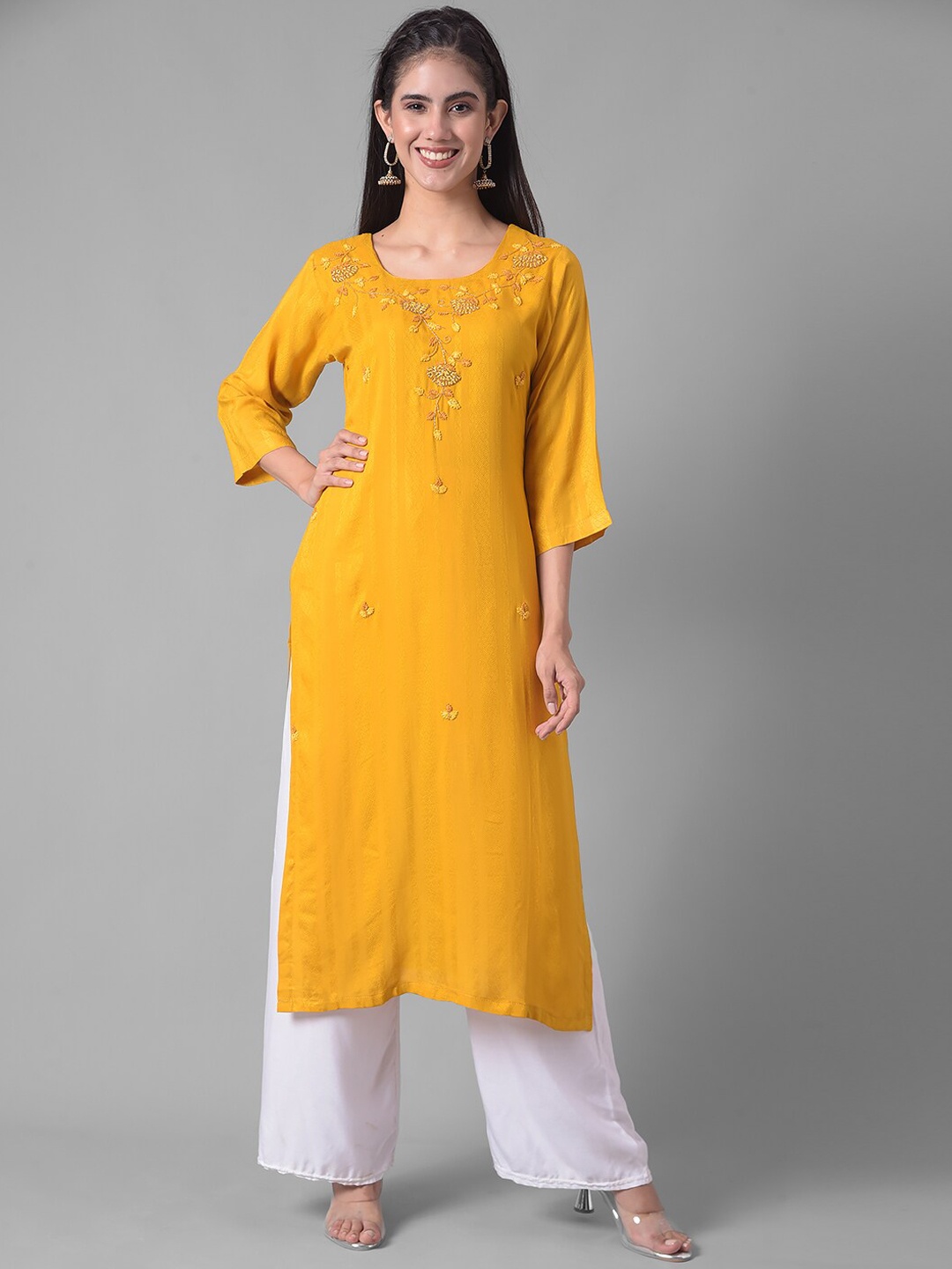 

Dollar Missy Floral Embroidered Round Neck Cotton Regular Kurta, Yellow