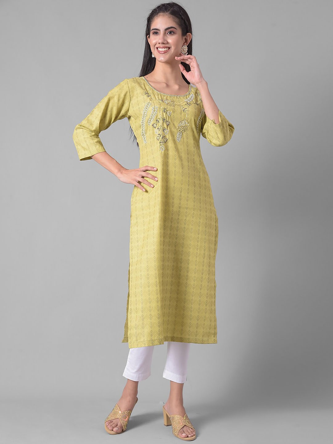 

Dollar Missy Embroidered Three-Quarter Sleeves Beads and Stones Cotton Kurta, Green