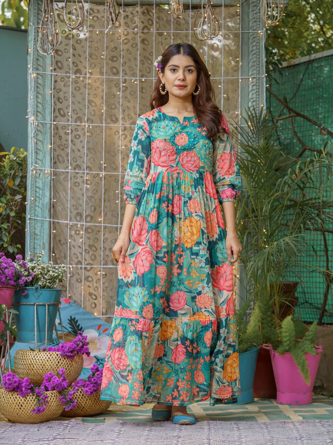 

Ishin Green Floral Printed Puff Sleeves gathered Detailed Cotton Maxi Dress