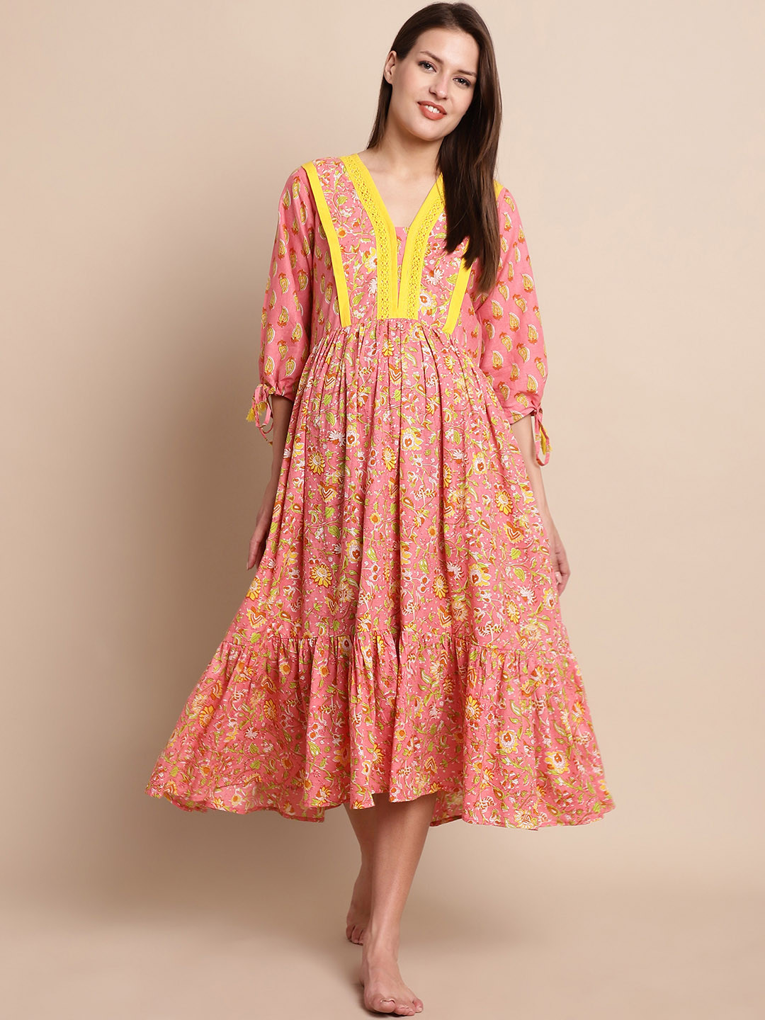 

Secret Wish Ethnic Motifs Printed Midi Pure Cotton Maternity Nightdress, Peach