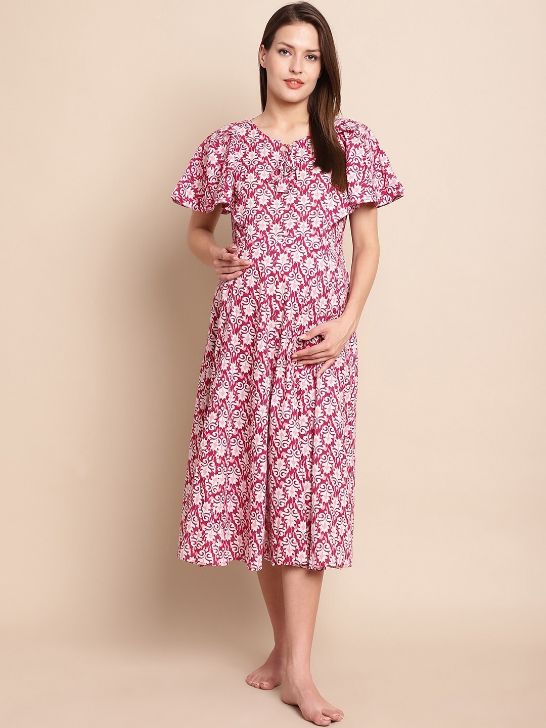 

Secret Wish Ethnic Motifs Printed Fit & Flare Pure Cotton Maternity Feeding Midi Dress, Pink