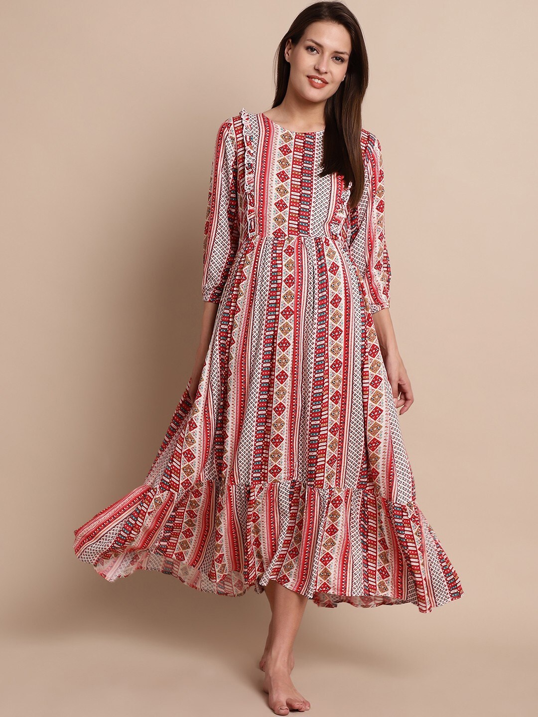 

Secret Wish Ethnic Motifs Printed Fit & Flare Pure Cotton Maternity Feeding Midi Dress, Red