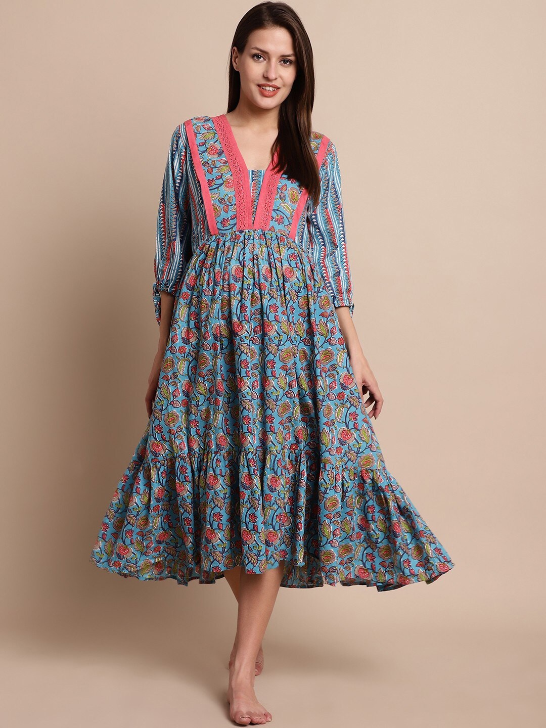 

Secret Wish Ethnic Motifs Printed Fit & Flare Pure Cotton Maternity Feeding Midi Dress, Blue