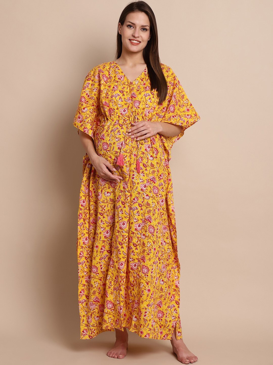 

Secret Wish Floral Printed Pure Cotton Kaftan Maternity Nightdress, Yellow