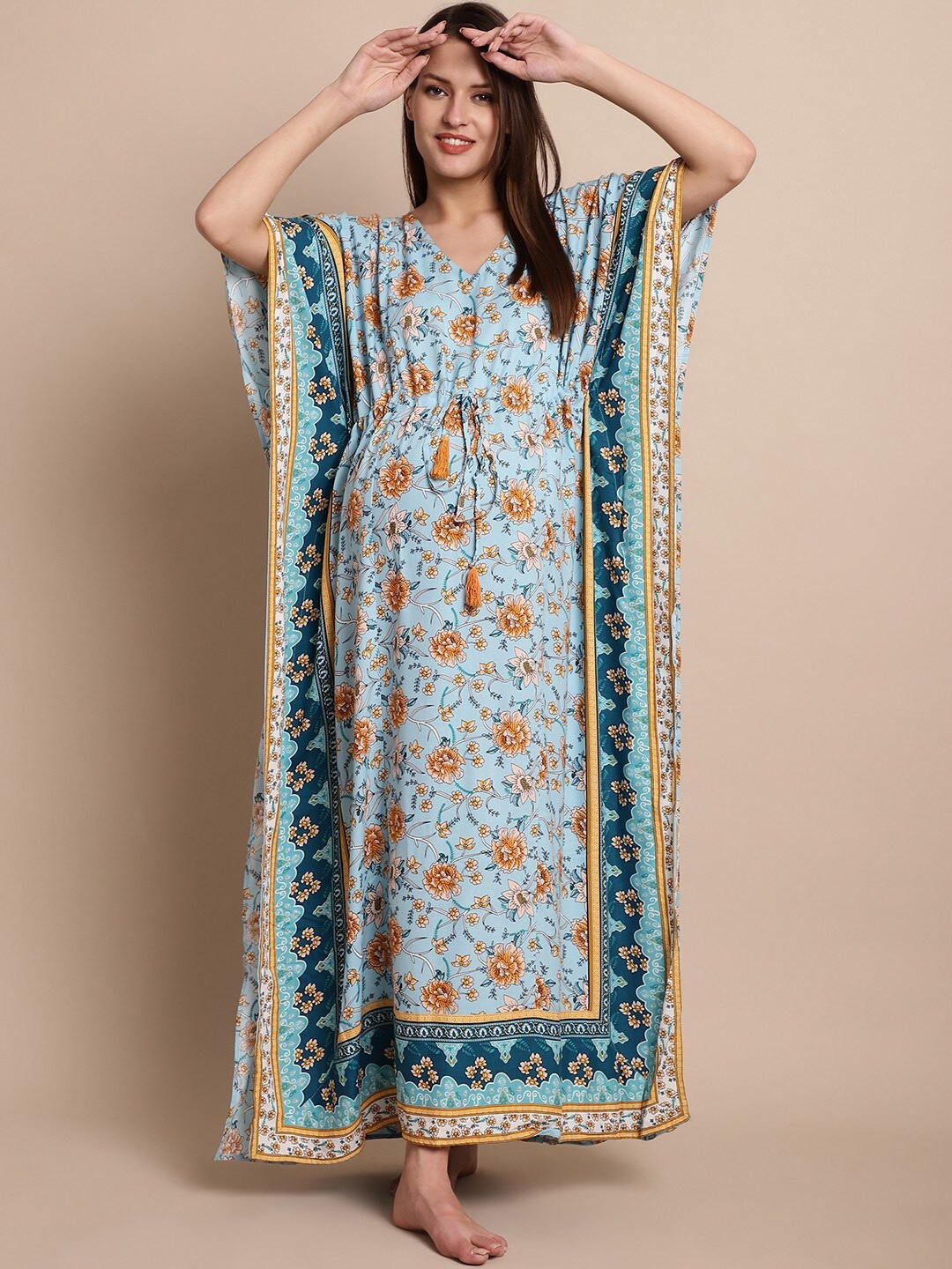 

Secret Wish Floral Printed Pure Cotton Kaftan Maternity Nightdress, Blue